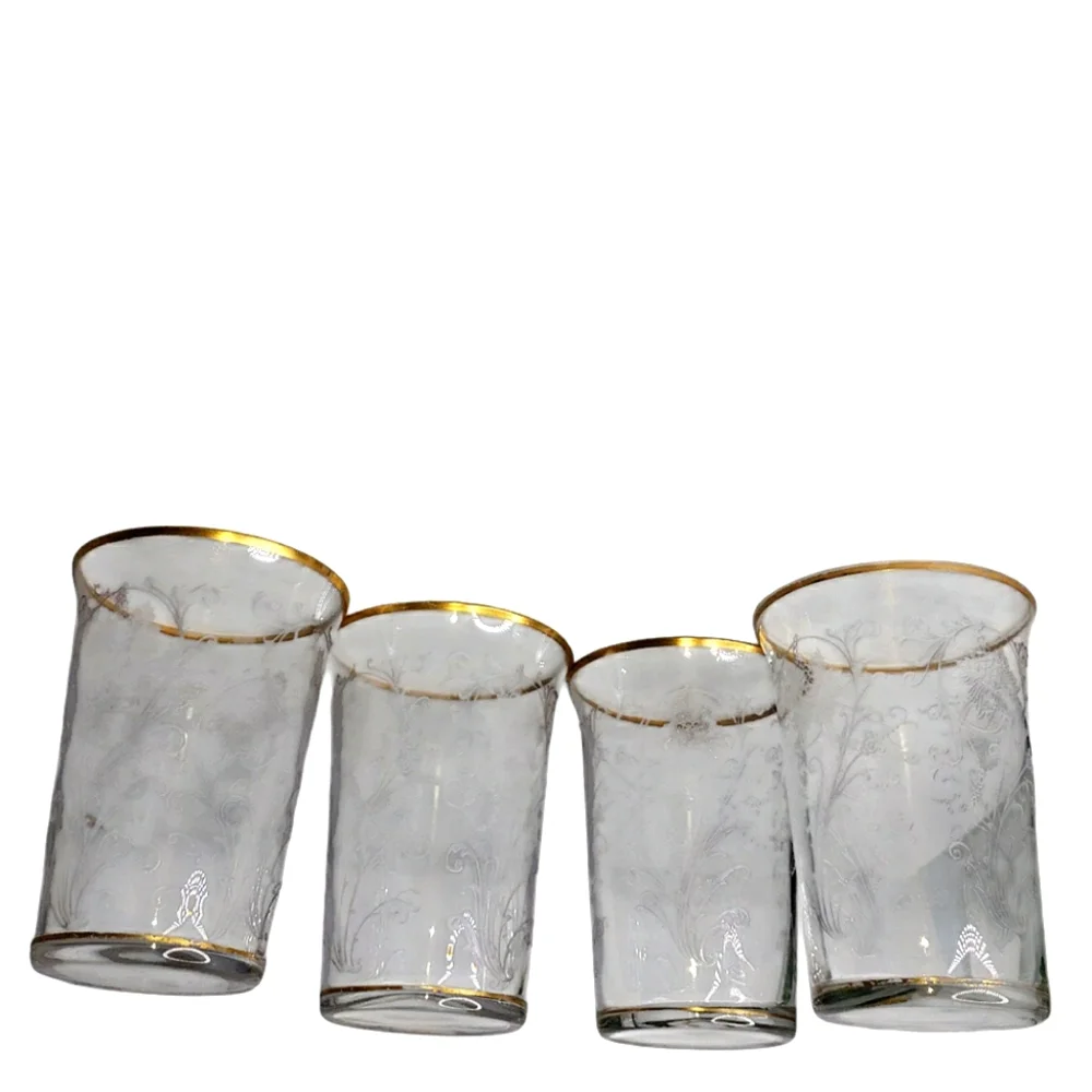 Vintage Antique Set Fostoria Woodland Gold Rim Etched Grape Botanical Glasses 4